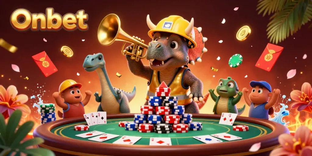 Engage in thrilling poker scenarios with Onbet, featuring dynamic characters and vibrant casino action.