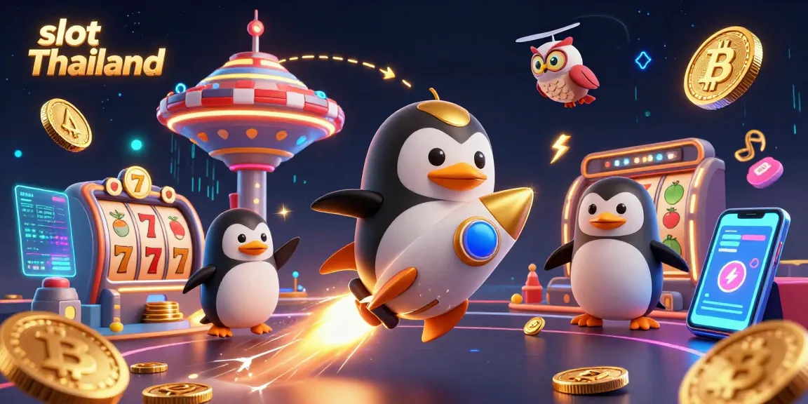 Mainkan slot Thailand dengan penguin emas berenergi, simbol buah, dan koin berkilauan di kasino ruang angkasa.