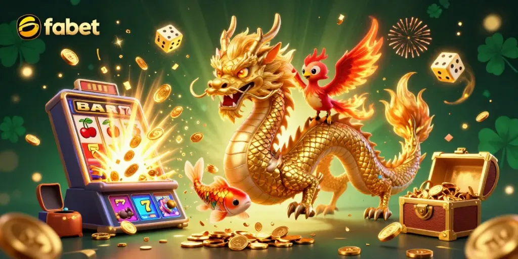Experience thrilling action at fabet with vibrant casino scenes featuring a dragon, phoenix, and koi fish.