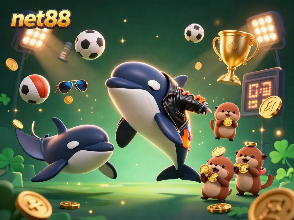 Experience the thrill of net88 with a dynamic 3D casino scene featuring playful sea creatures and sports betting elements.
