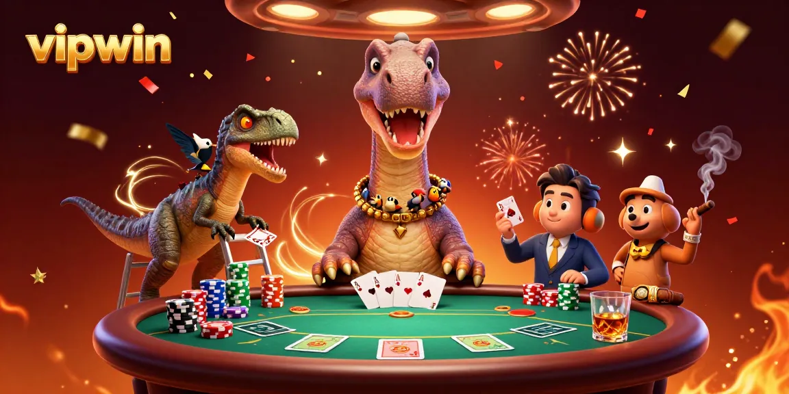 Experience the excitement at vipwin with a giant brontosaurus overseeing a poker game, delivering thrills and winnings.