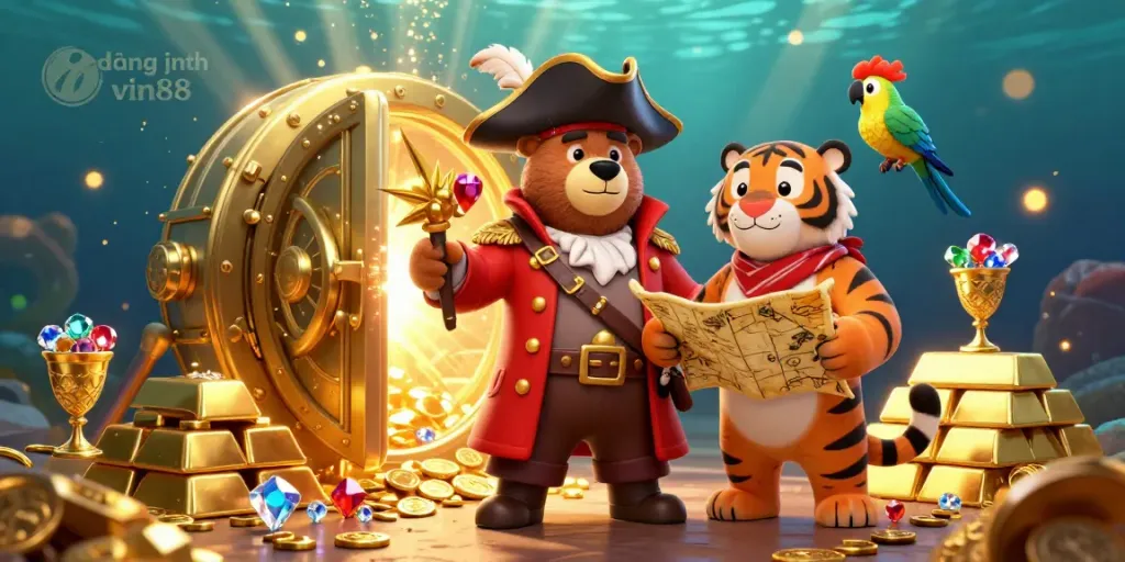 Play and win at the vibrant world of đăng nhập vin88 featuring a pirate captain, tiger, and treasures.