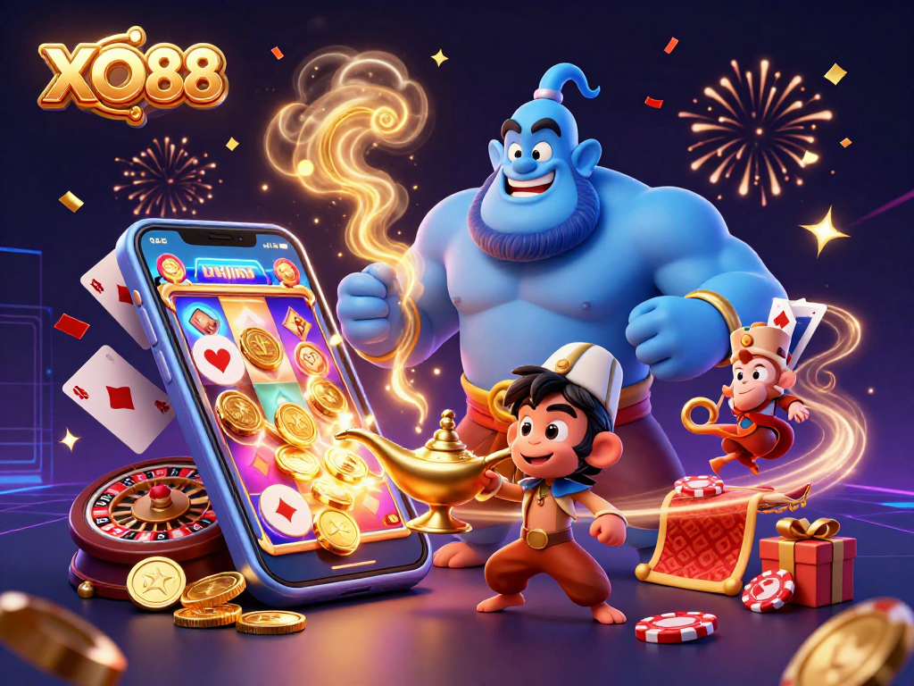 Experience the excitement of XO88 with vibrant casino imagery and dynamic characters.