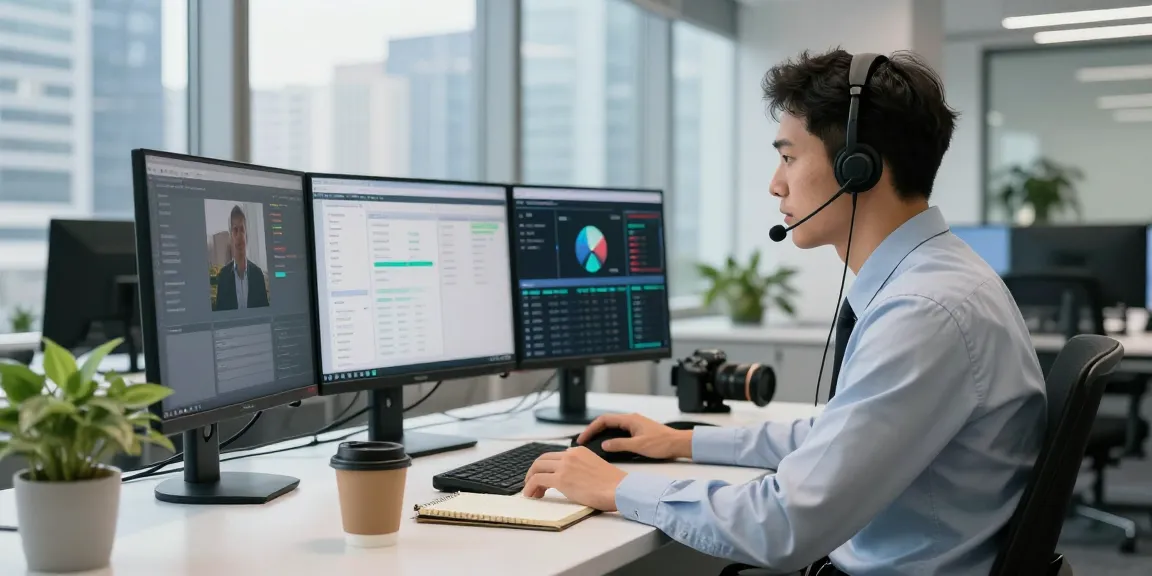 Business professional engaged in call recording while analyzing data in a modern office environment.