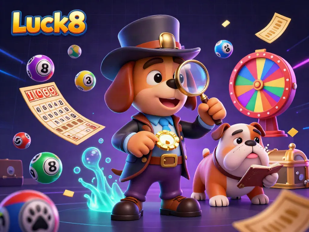 Examine slot clues at Luck8 with a bloodhound detective and bulldog in a vibrant, dynamic casino scene.