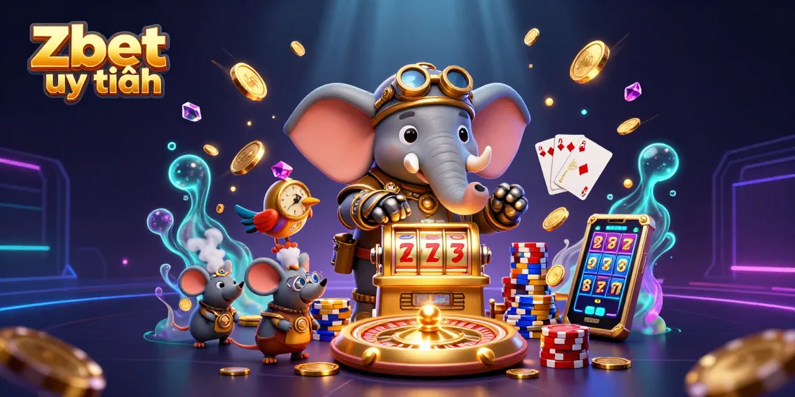 Play and win big at Zbet uy tín with a vibrant casino scene featuring an animated steampunk elephant!