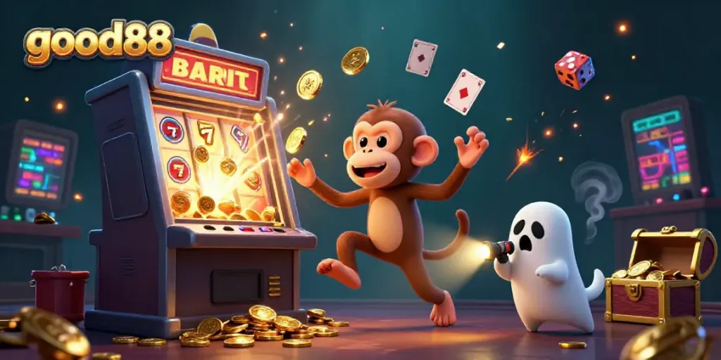 Experience the thrill of good88's haunted casino with a playful monkey juggling golden treasures amidst a jackpot explosion.