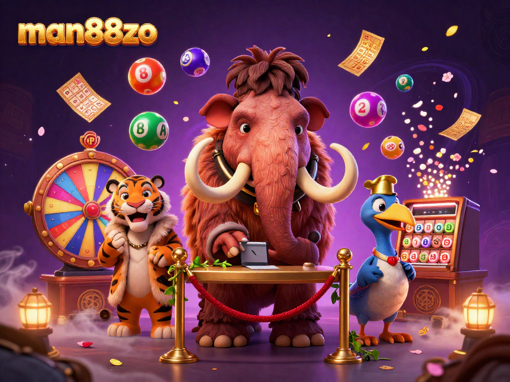 man88zo offers luxurious gaming with vibrant scenes of colorful lottery balls and lively characters.