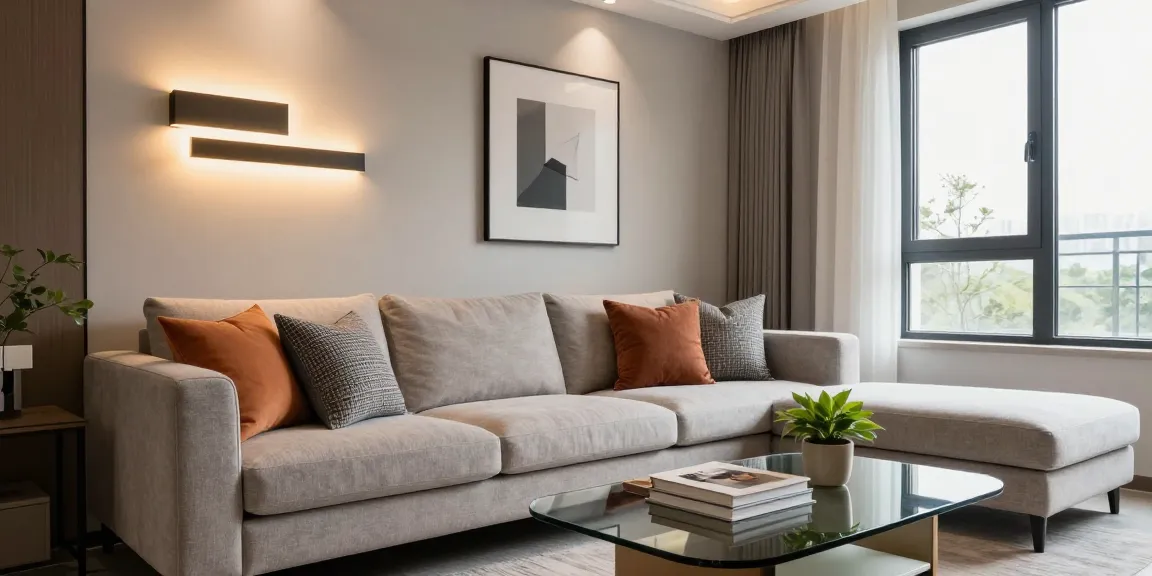Aplice LED moderne iluminând un living elegant, cu decor minimalist.