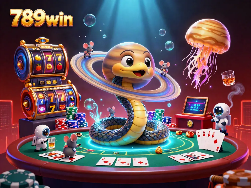 Engaging 789win casino illustration of a Saturn ring roulette, astronauts betting, and a cosmic dealer.