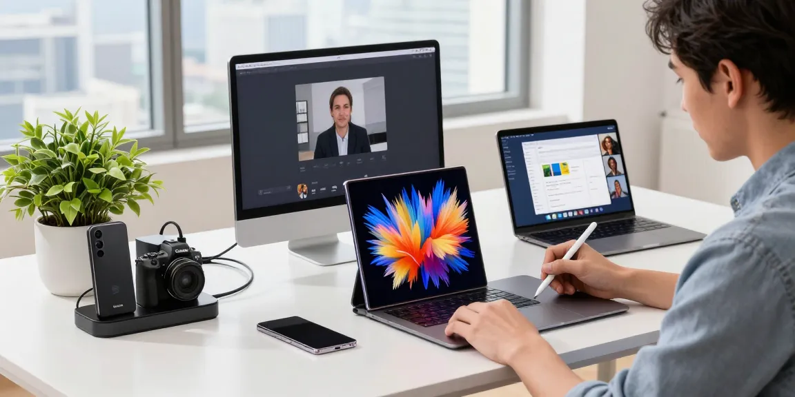 A professional demonstrating the Samsung Galaxy Z TriFold in a modern tech workspace with vibrant displays and productivity tools.