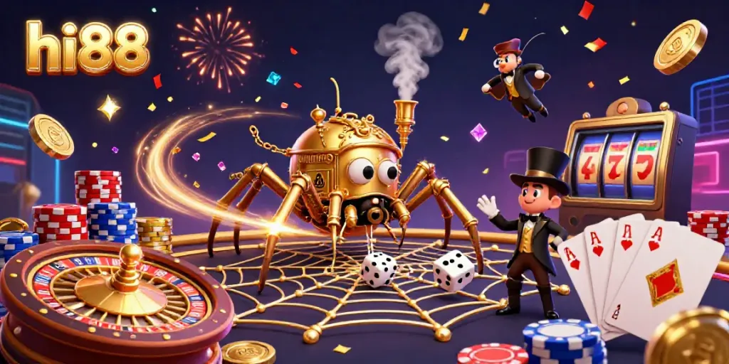 Join the excitement of hi88 with a steampunk spider catching dice in a vibrant casino scene.