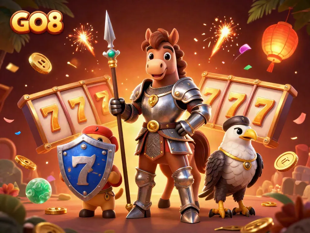 Experience the thrill of GO8 with a knight and squire amidst floating slot reels and gold coins.