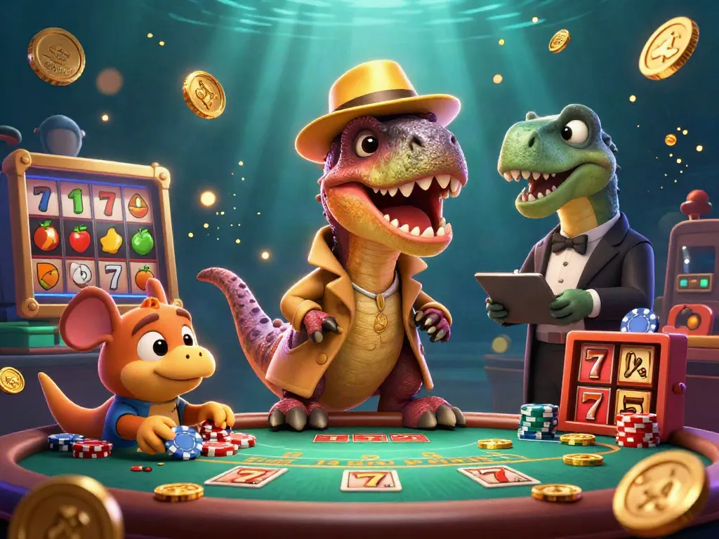 Engage in thrilling gameplay at sunwin with a velociraptor card counter and his quirky companions in a vibrant casino setting.