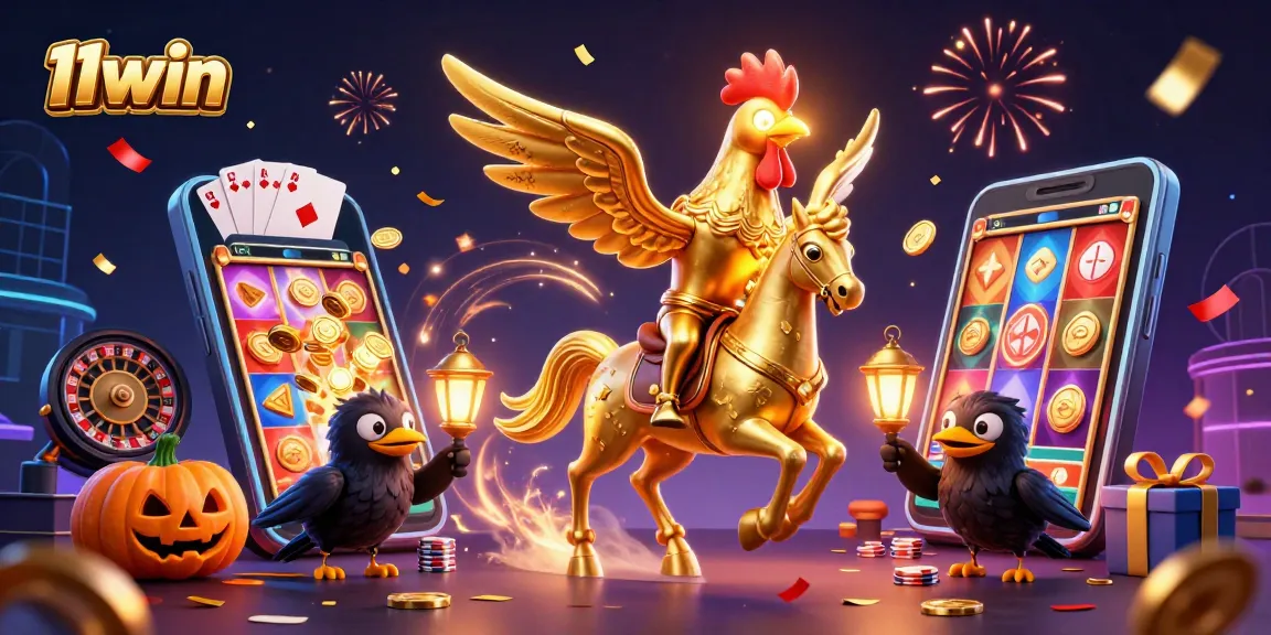 Win big with the 11win gaming scene featuring a golden rooster and slot games!