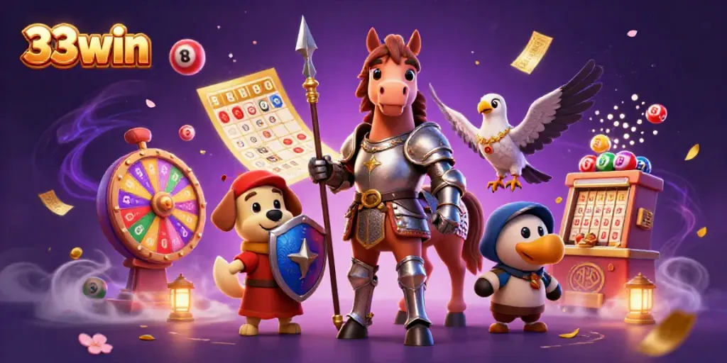 Engaging illustration depicting 33win’s vibrant world of online gambling with a knight, dog, and falcon among lottery elements.