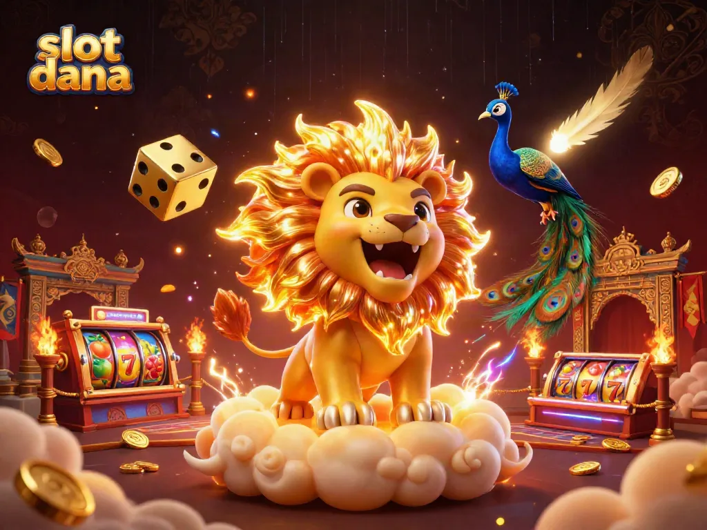 Experience the vibrant world of slot dana with golden dice, roaring lion, and dynamic slot reels.