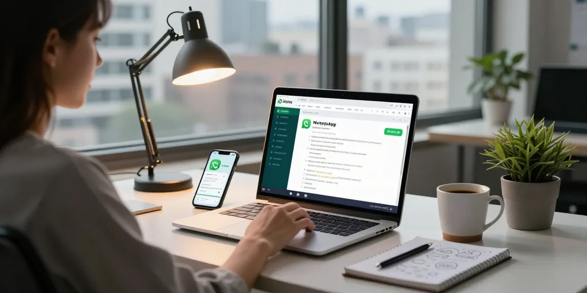 Utilizing WhatsApp電腦版 in a modern workspace with laptop, smartphone, and coffee.