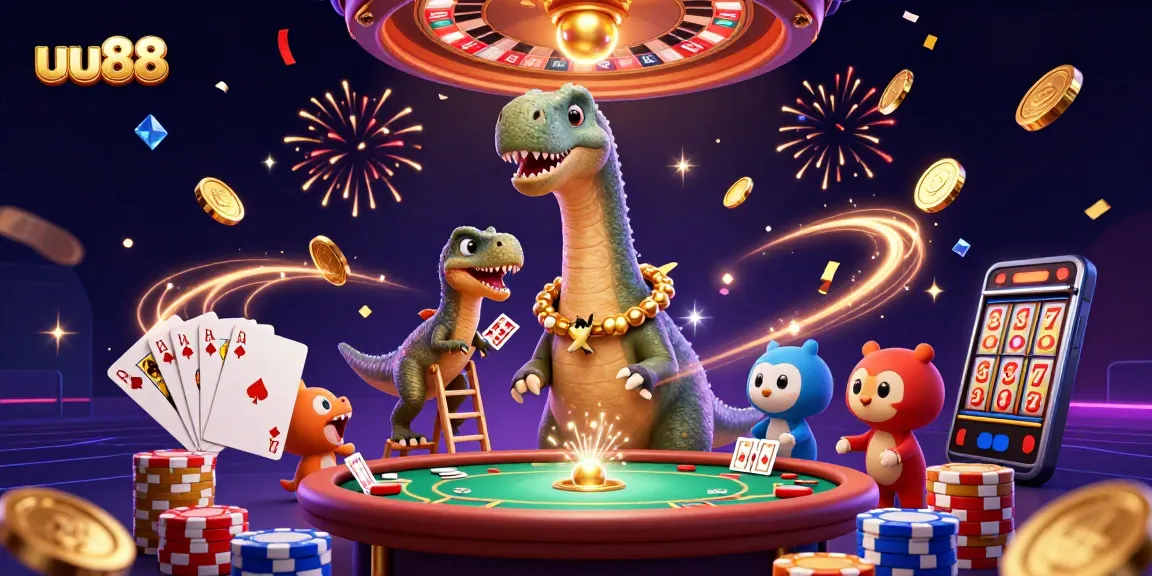 Experience exciting gaming action at uu88 with animated characters in a colorful casino setting.