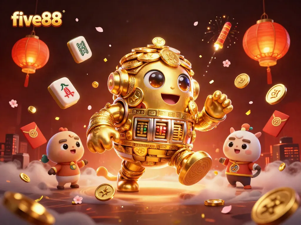 Experience excitement with five88's vivid casino fantasy scene featuring gold golem and festive elements.