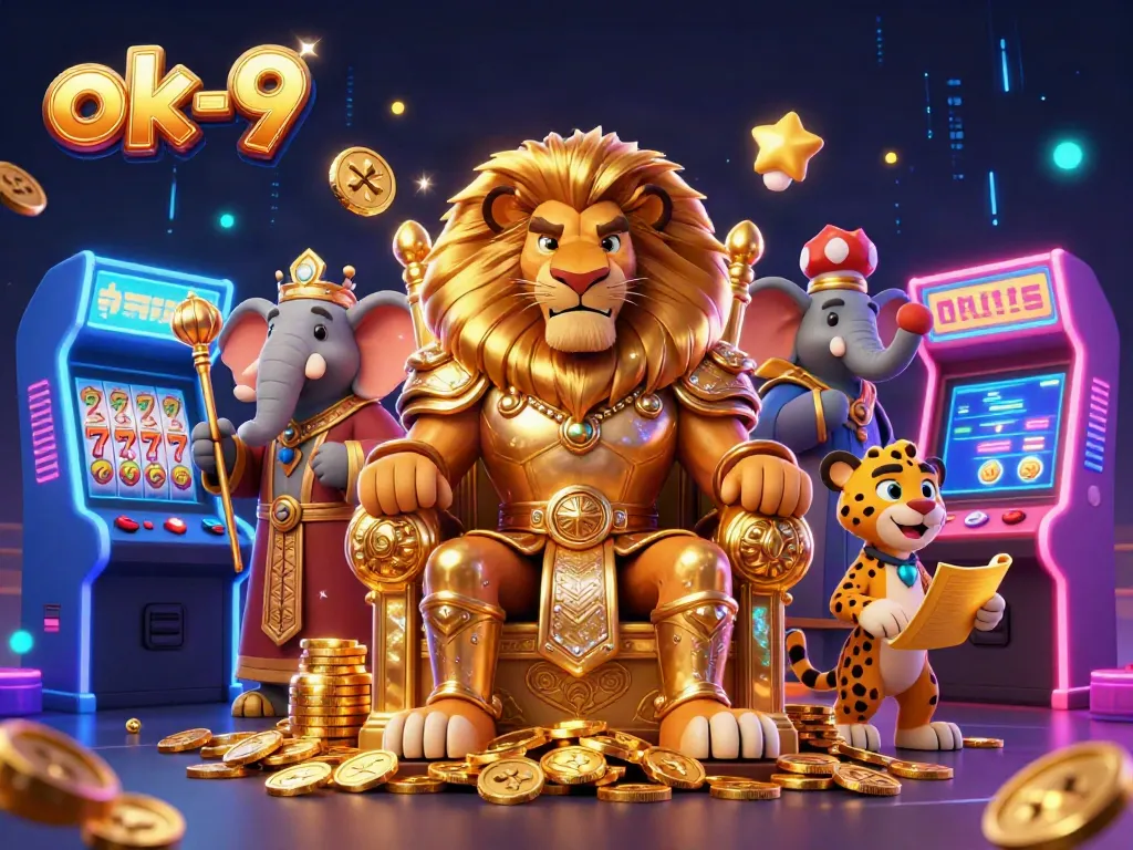 Engage with ok-9's online casino world featuring a lion king on a throne surrounded by vibrant gaming elements.