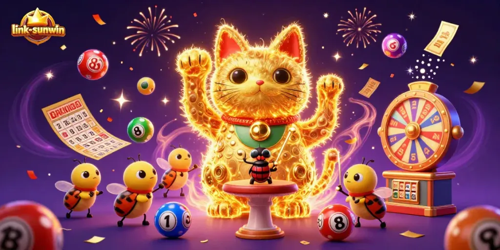 Experience thrill with link-sunwin casino visuals featuring a lucky cat and vibrant game elements.