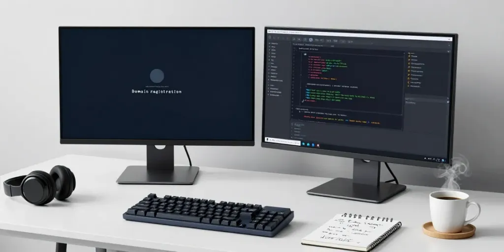 Buy .uk domain in a high-tech developer workspace with coding setup.