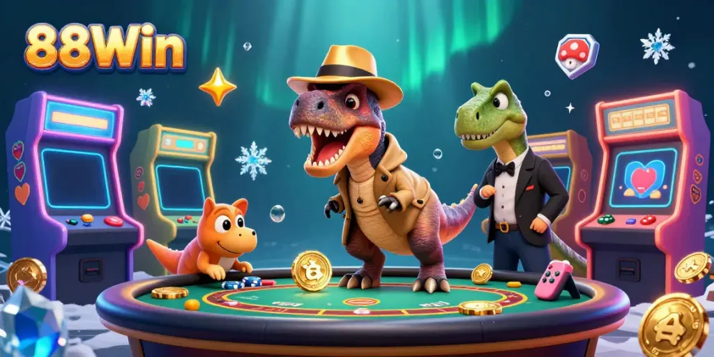 Engaging 88Win scene with a velociraptor card counter, stegosaurus pit boss, and a compy pickpocket at a blackjack table.