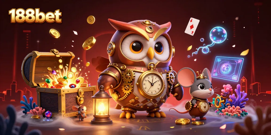 Engage in thrilling 188bet gaming adventures featuring an owl in steampunk gear amidst dynamic casino elements.