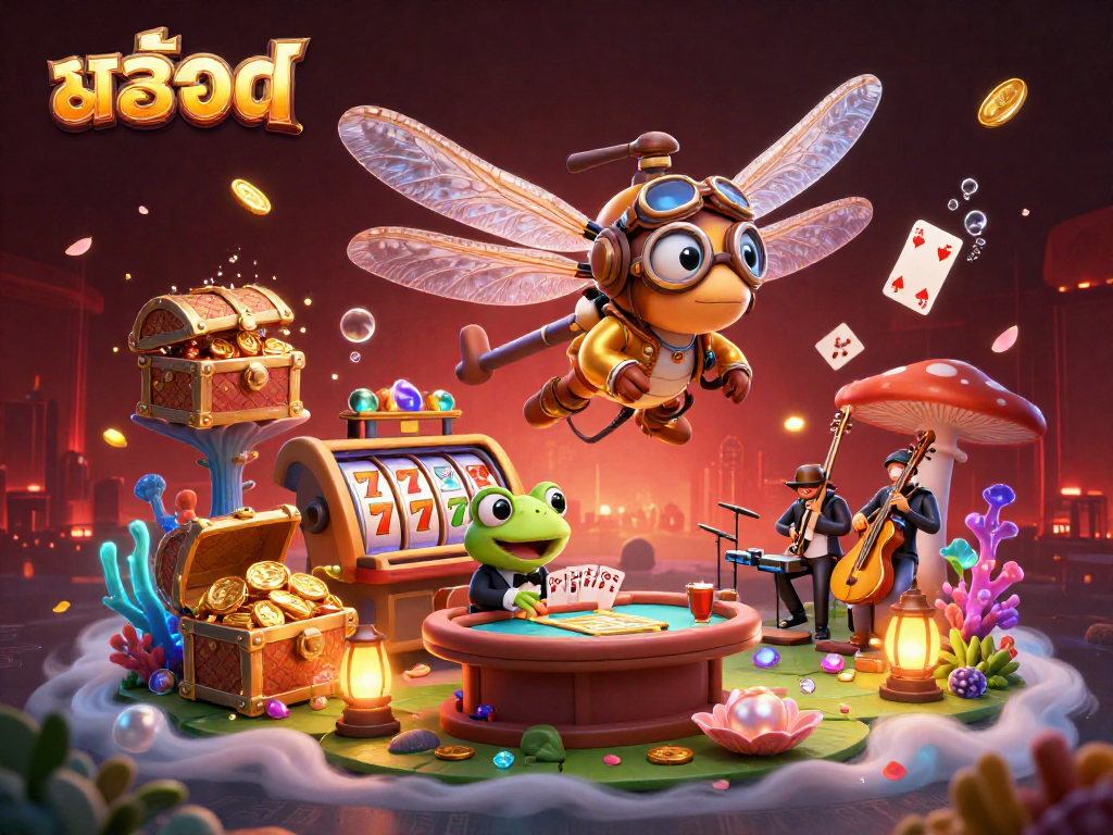 Spin สล็อต slots and enjoy vibrant casino action with a dragonfly pilot and frog croupier.