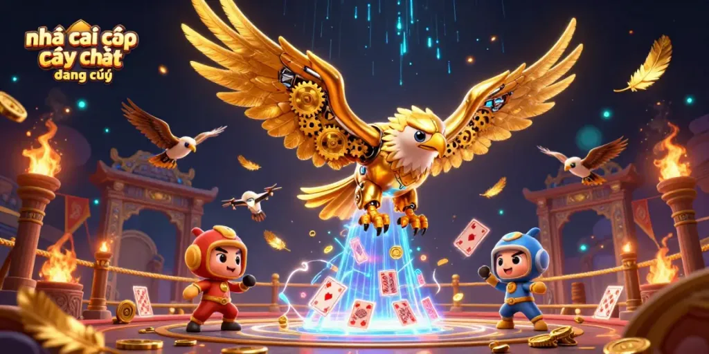 Experience thrilling gameplay with nhà cái cá cược uy tín đáng chú ý in this vibrant 3D illustration featuring a cybernetic eagle.