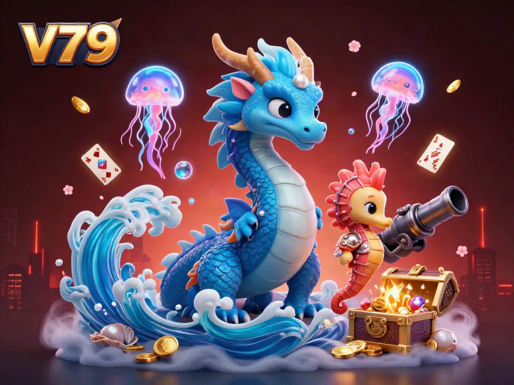 Experience the enchanting world of v79 casino with a vibrant dragon and seahorse knight among jackpot treasures.