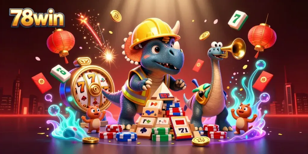 Experience fun with 78win as triceratops builds poker chip pyramid amid vibrant casino elements.