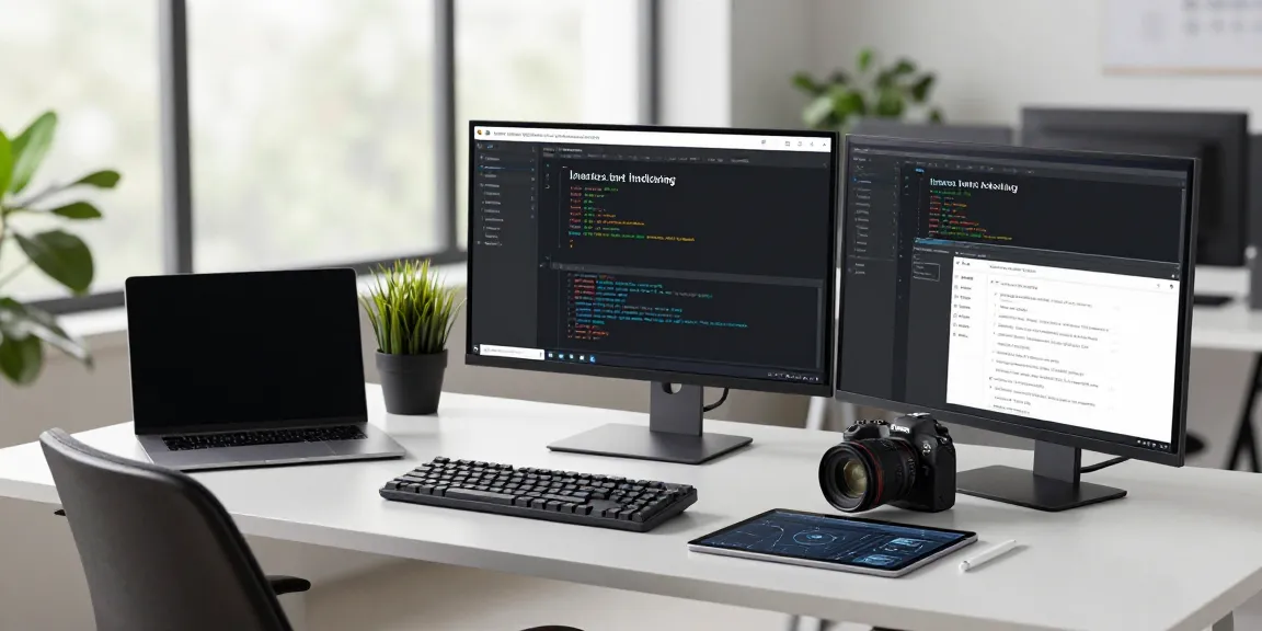 Developer coding for instant indexing in a modern workspace with high-tech equipment and natural light.
