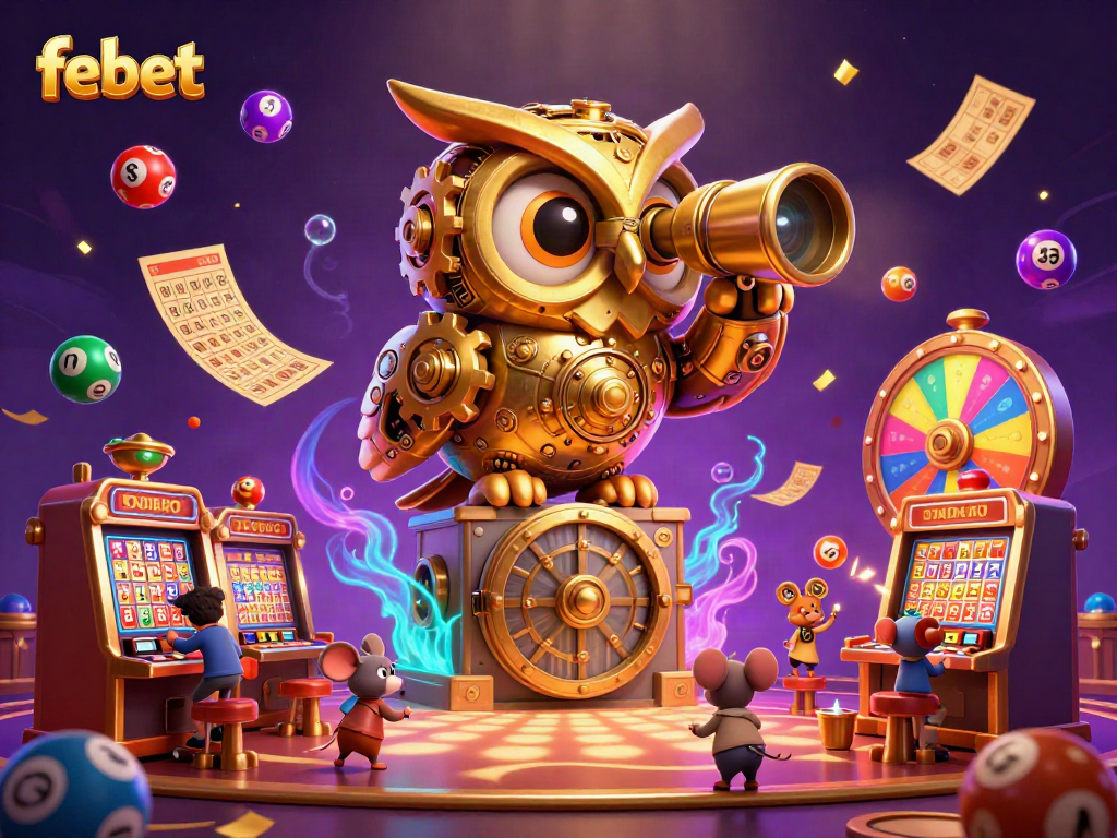 Experience the excitement at febet with an engaging casino scene bursting with colorful lottery elements.