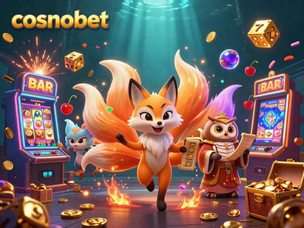 Engage with cosmobet's vibrant casino world featuring a nine-tailed fox and jackpot-filled slot machines.