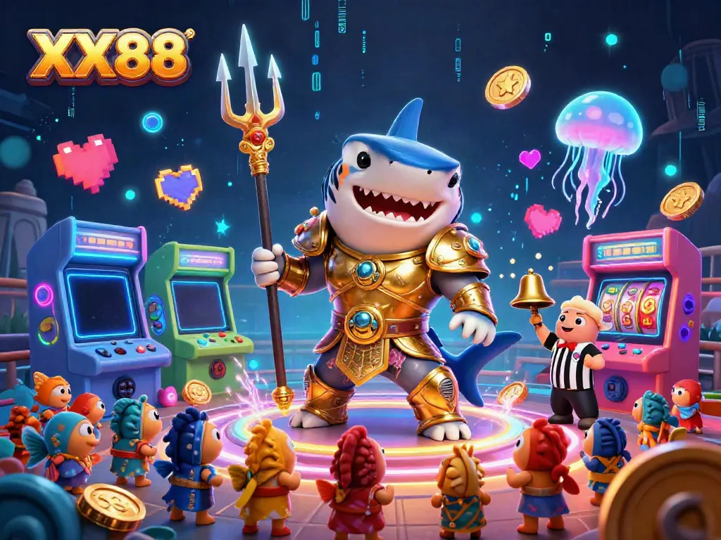 XX88 enhances gameplay with a vibrant underwater scene featuring a gladiator shark amidst slot elements and festive fish.