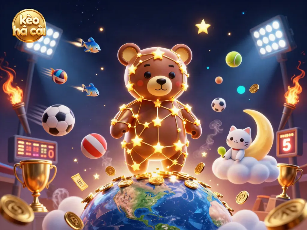 Engage with kèo nhà cái as a golden constellation bear collects coins amidst dynamic sports elements and vibrant lighting.