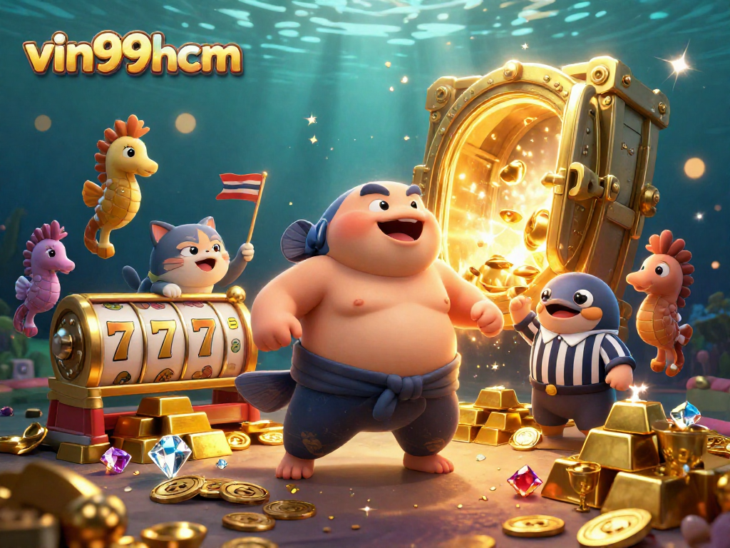 Experience thrilling spins at vin99hcm with our vibrant underwater casino scene featuring playful characters and dazzling treasures.