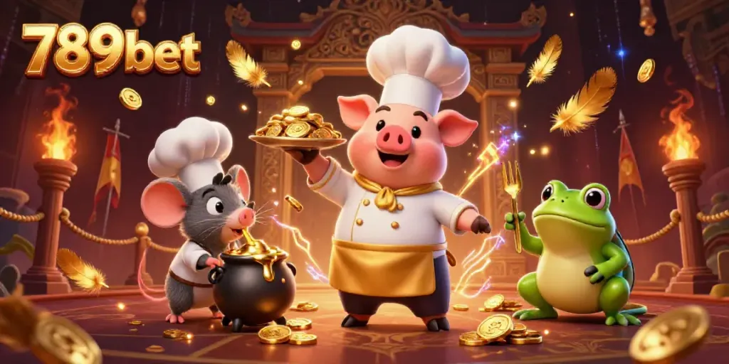 Engage with the vibrant casino scene featuring 789bet, a chef pig serving gold coins amidst a festive atmosphere.