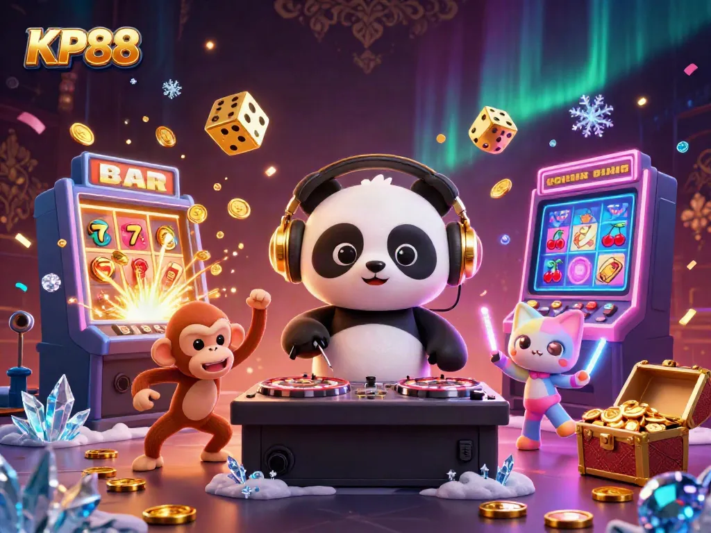 Experience unmatched excitement at KP88 with a vibrant scene of spinning slots and joyous characters.