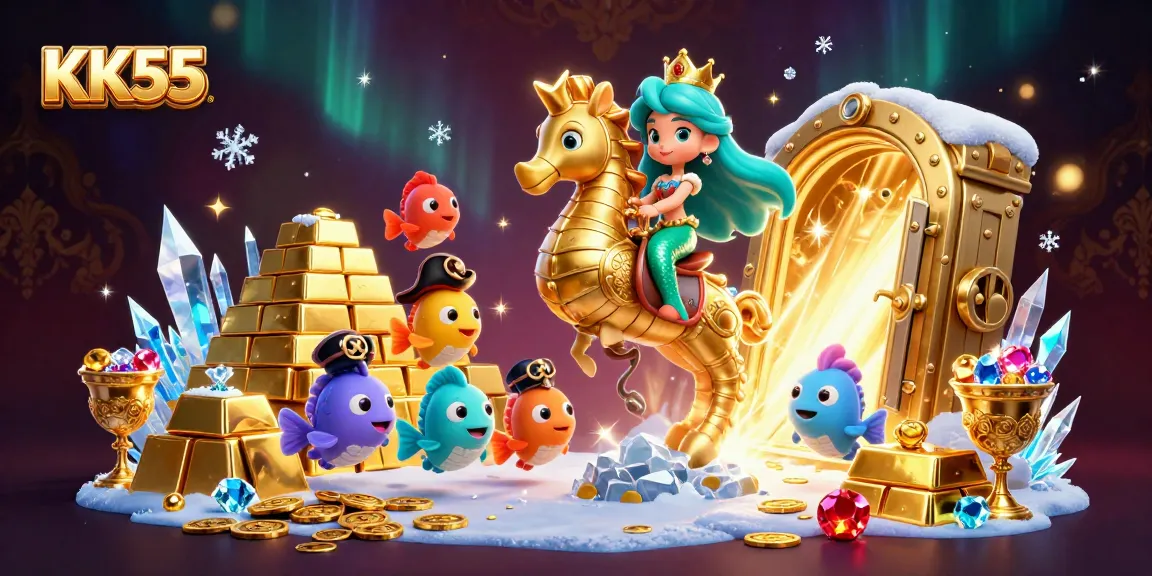 Experience thrilling gameplay at KK55 with captivating characters amidst golden treasures in an immersive 3D illustration.