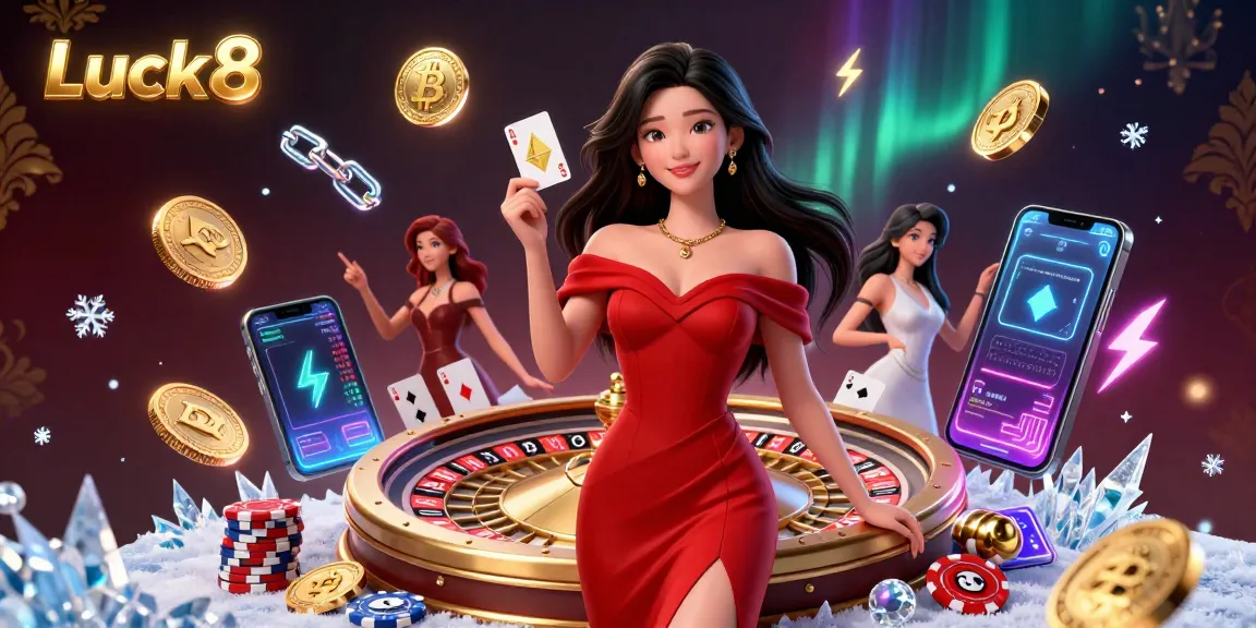 Experience thrilling action at Luck8 with a stunning woman holding a golden playing card alongside dynamic casino elements.