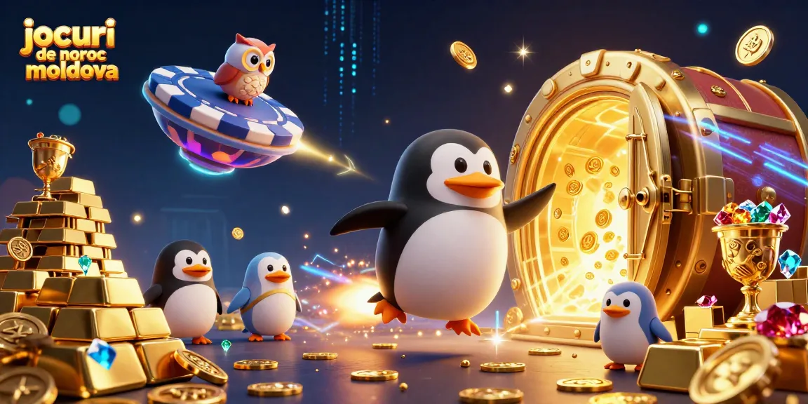 Joacă jocuri de noroc în Moldova cu o ilustrație vibrantă a unui pinguin zburător și simboluri de câștiguri.