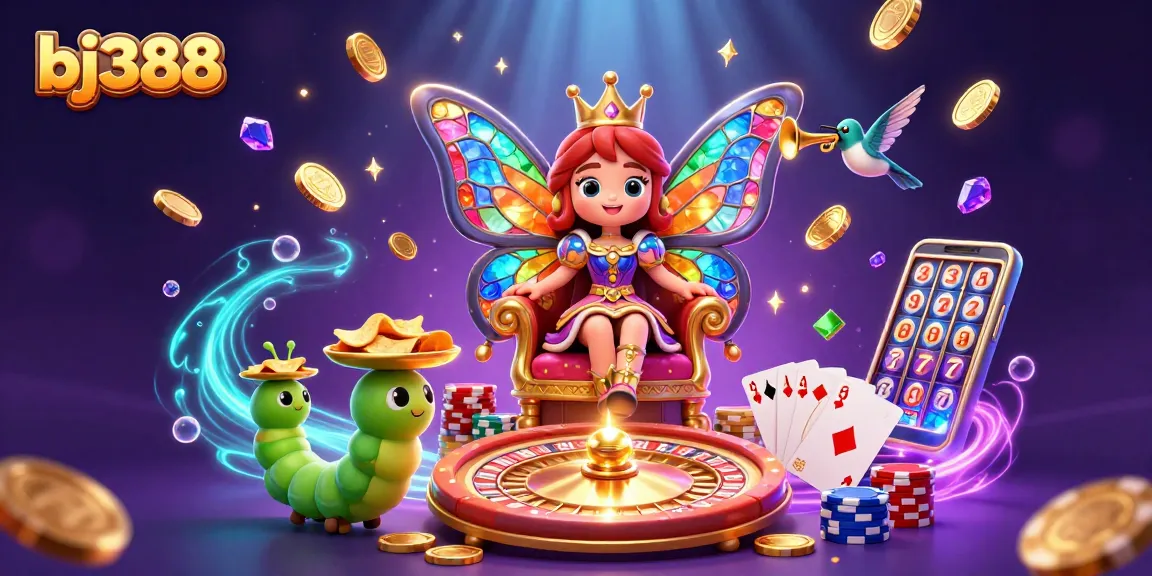 Bet big at bj388 with a vibrant 3D vision of casino excitement and gaming action in a whimsical setting.
