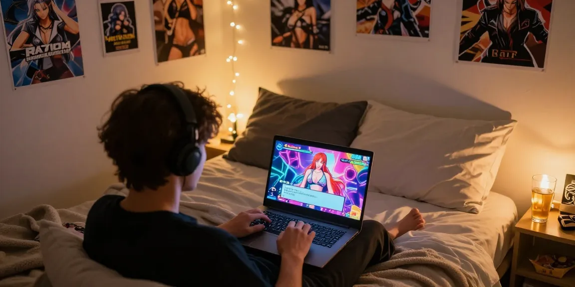 Player engaging with lewdspot gaming interface, cozy bedroom setting, intimate vibe.