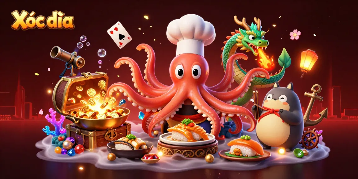 Xóc đĩa captivates players with its energetic scene, featuring a sushi chef octopus, a wasabi dragon, and treasure