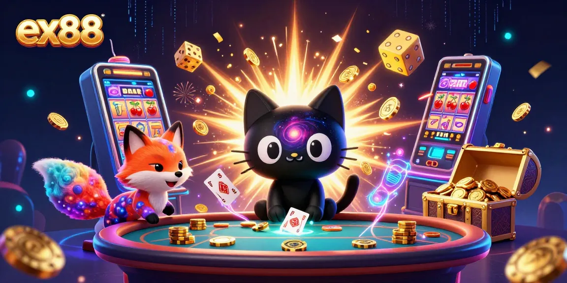 Experience thrilling play at ex88 with a cosmic casino design featuring a black hole cat and vibrant game elements.