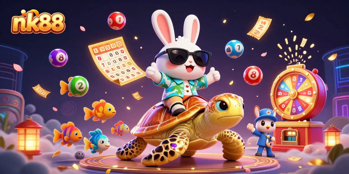 Engage with nk88's thrilling carnival atmosphere featuring rabbits, turtles, and vibrant gambling elements.