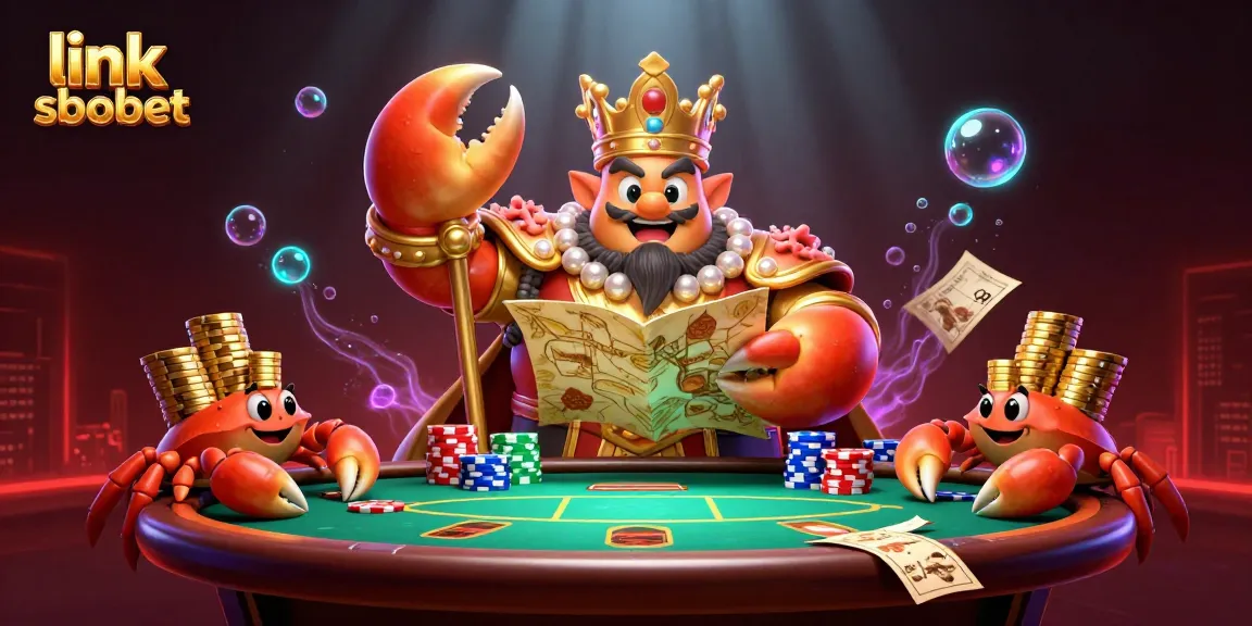 Engage with link sbobet in a vibrant sports betting scene featuring a golden crab emperor and poker elements.